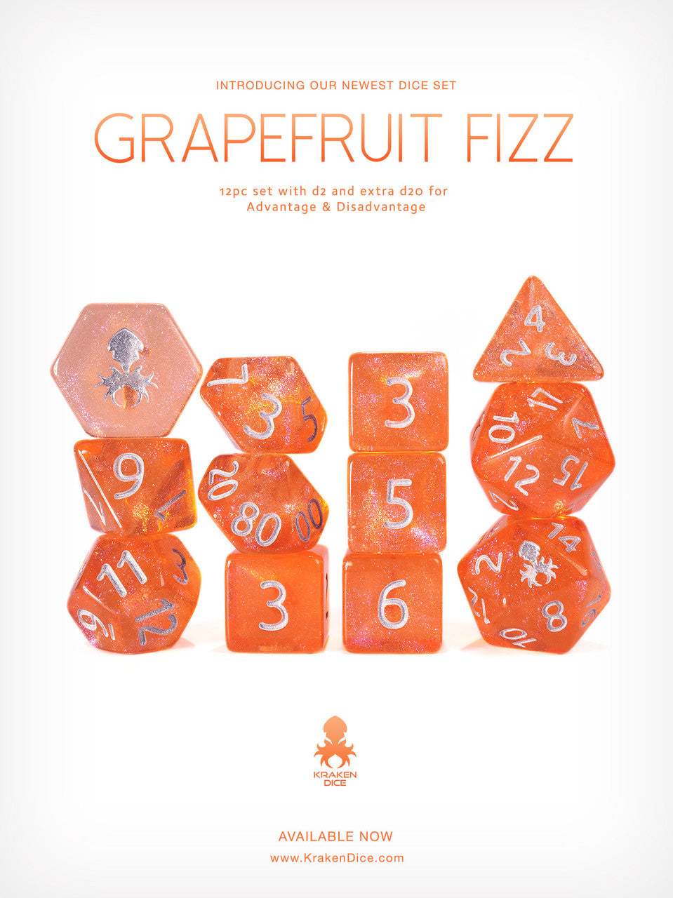 Grapefruit Fizz 12pc Glitter RPG Dice Set with Silver Ink